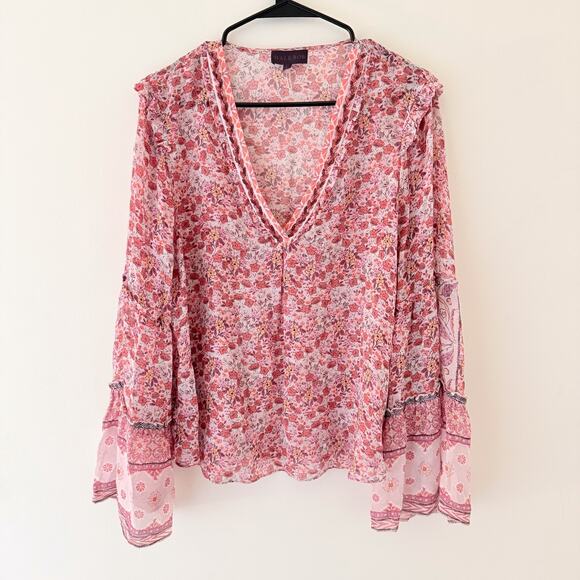 100% Silk Blouse Sheer Beaded Fairy Boho Hippie Romantic Delicate Festival L - Picture 1 of 11